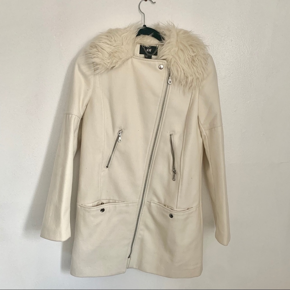 H&M cream white fur wool blend coat